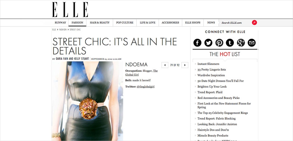 Ndoema featured in Elle Magazine wearing a Tibetan-inspired belt of her own design. A vintage leather dress, Report Signature shoesand Emanuel Ungaro bag.