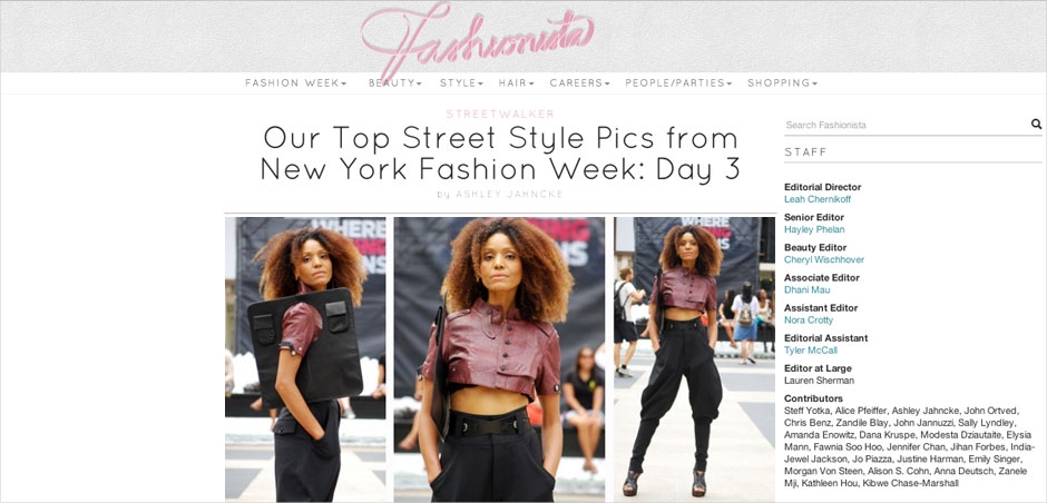 Ndoema The Global Girl featured in Fashionista during New York Fashion Week wearing Diesel, Dolce and Gabbana and BCBG Max Azria