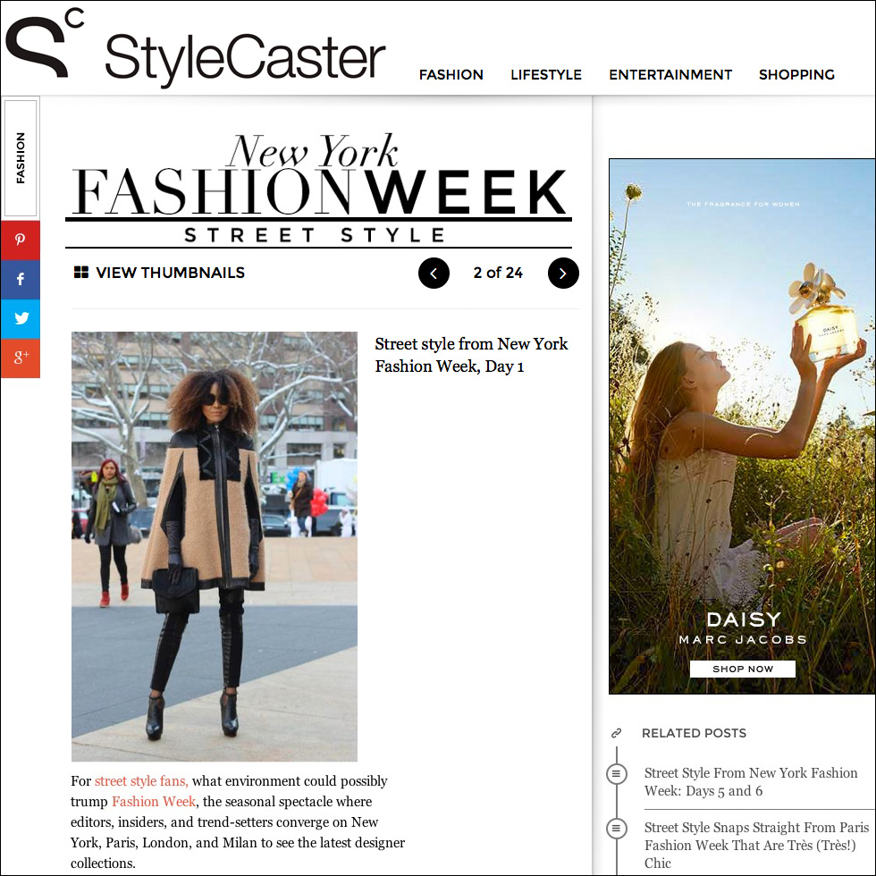 The Global Girl Press: Ndoema featured in StyleCaster sporting Wool and leather trim cape with python and merino wool pants by Mimi Plange, Topshop Stella platform booties, Emanuel Ungaro bag and Chloé Sunglasses - New York Fashion Week Fall 2014