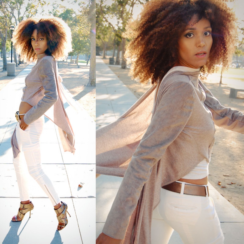 Ndoema wears BCBG Max Azria wrap cardigan, J Brand skinny cargo pants, Camilla Skovgaard high heels, Brass and leather Vintage bull skull belt