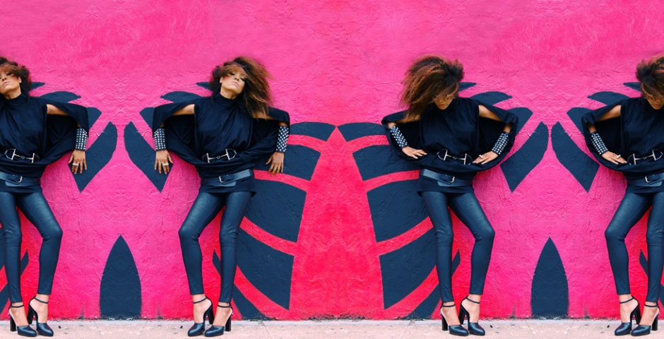 The Global Girl: Ndoema wears: Vintage Split sleeve blouse, Gucci patent leather belt, Silence & Noise wet look leggings, Gucci mary jane platform sandals, custom pyramid stud and leather cuffs