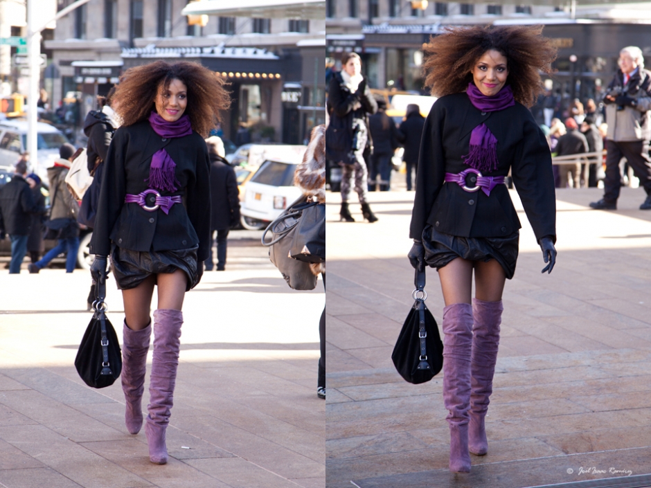 The Global Girl: Ndoema photographed by Joel as she arrives at Lincoln Center during New York Fashion Week. Ndoema wears thigh high suede boots by Nicholas Kirkwood, leather draped skirt by All Saints, black suede bag by Dolce & Gabbana, Karl Lagerfeld jacket and vintage leather gloves.