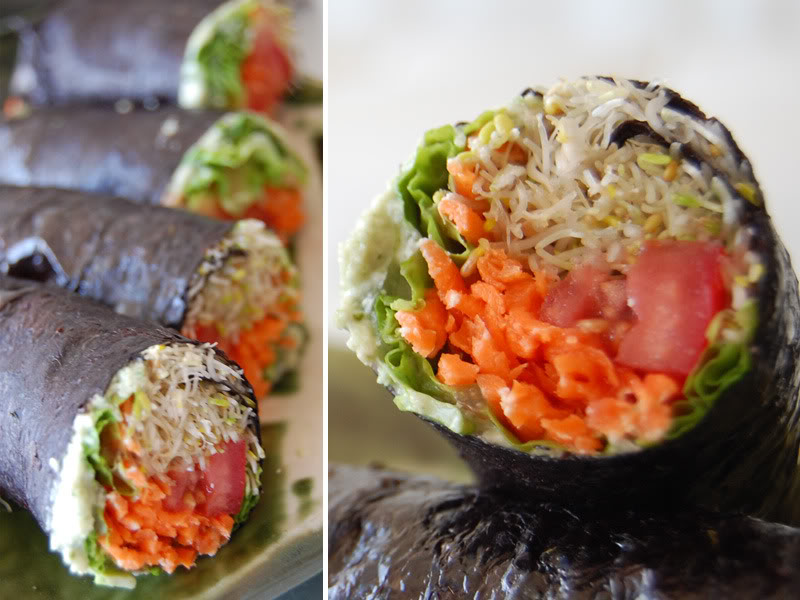 The Global Girl Raw Food Recipes: No-Rice Raw Vegan Sushi with clover sprouts, tomatoes, lettuce and carrot with a basil and jalapeño cashew dip.