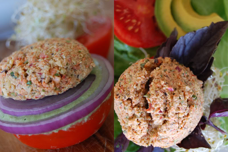 The Global Girl Raw Food Recipes: Raw Vegan Burger with a walnut patty and avocado, clover and sunflower sprouts in a tomato bun. This raw veggie burger is gluten free and oil free.