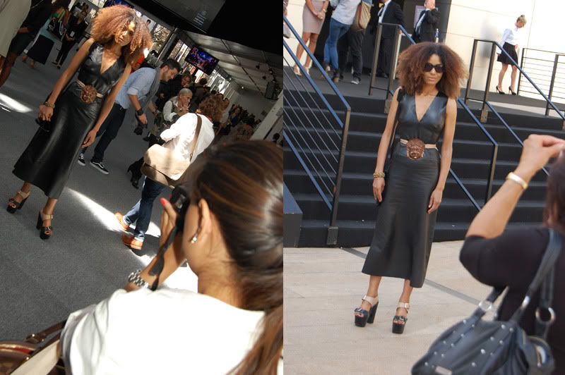 Ndoema The Global Girl arrives at the Lincoln Center during New York Fashion Week. Ndoema wears a black leather dress, ethnic belt, Report Signature shoes and Chloe Sunglasses