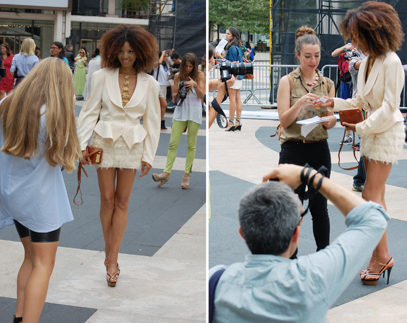 Ndoema The Global Girl is photographed as she arrives at New York Fashion Week. Ndoema wears a Thierry Mugle jacket, Diane Von Furstenberg mini-skirt, Marni platform sandals Vintage leather purse by Roda.