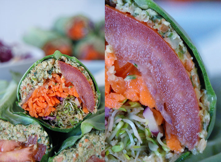 The Global Girl Raw Food Recipes: Raw Falafel Wrap in a Collard Green Leaf with carrot, sprouts, tomato, red cabbage  and red onion.