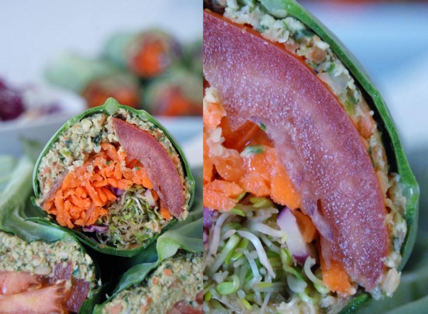tThe Global Girl Raw Food Recipes: Raw Falafel Wrap in a Collard Green Leaf with carrot, sprouts, tomato, red cabbage  and red onion.