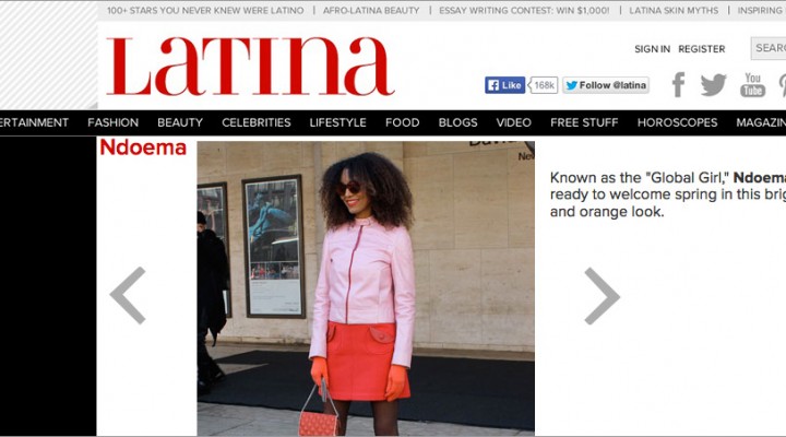 The Global Girl Press: Ndoema in Latina sporting a pink motorcycle jacket by Prada and LeSpecs cat eye mirrored sunglasses - New York Fashion Week Fall 2014