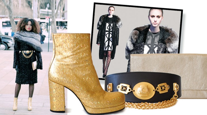 The Global Girl Daily Style: Ndoema rocks the Black and Gold winter look in a coat by African designer Mimi Plange, gold metallic go-go booties by Freelance, gold metallic leather clutch by Gérard Darel and chained belt by Donna Karan.