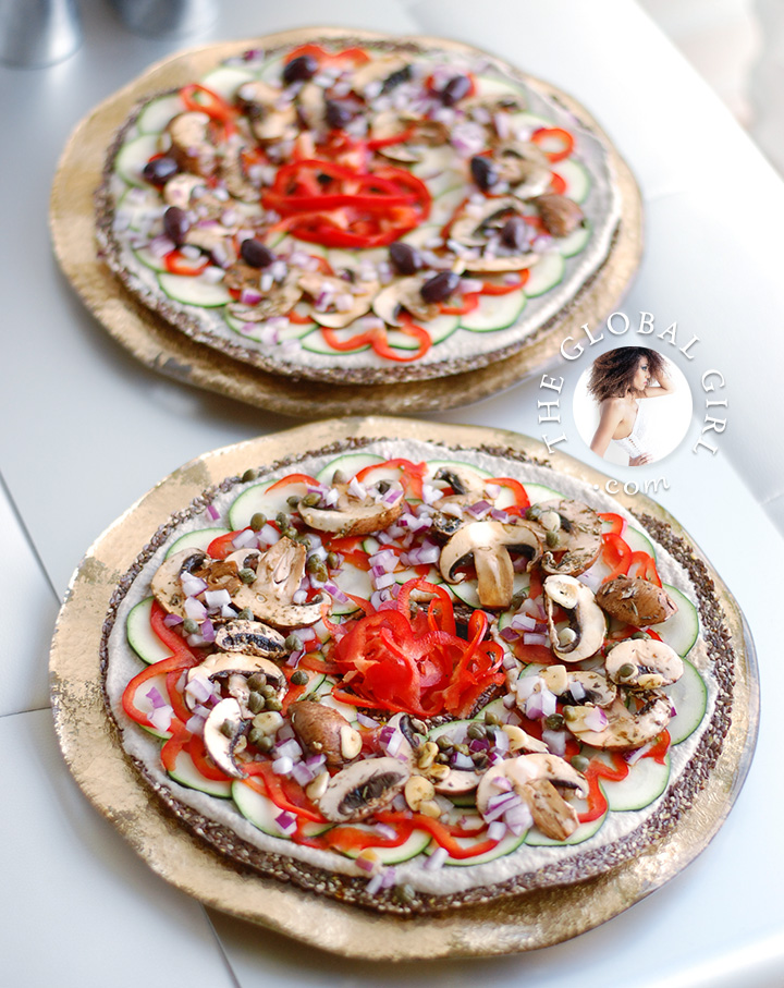 The Global Girl Raw Italian Recipes: Sunflower Ricotta Pizza on Gluten-Free Seed Crust