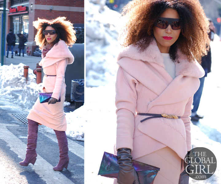 The Global Girl Daily Style: Ndoema rocks an all pink outfit with Kirkwood lavender thigh-high boots, matching hologram clutch bag and oversized Phillip Lim sunglasses as she arrives at Lincoln Center during New York Fashion Week.