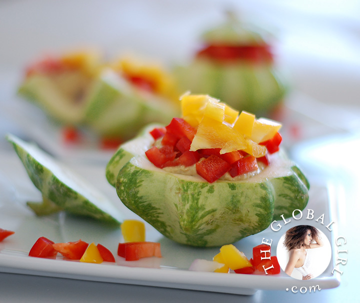 The Global Girl Raw Food Recipes: Raw stuffed baby squash with Italian pine nuts filling. This bite sized appetizer is raw, gluten free, dairy free and oil free.