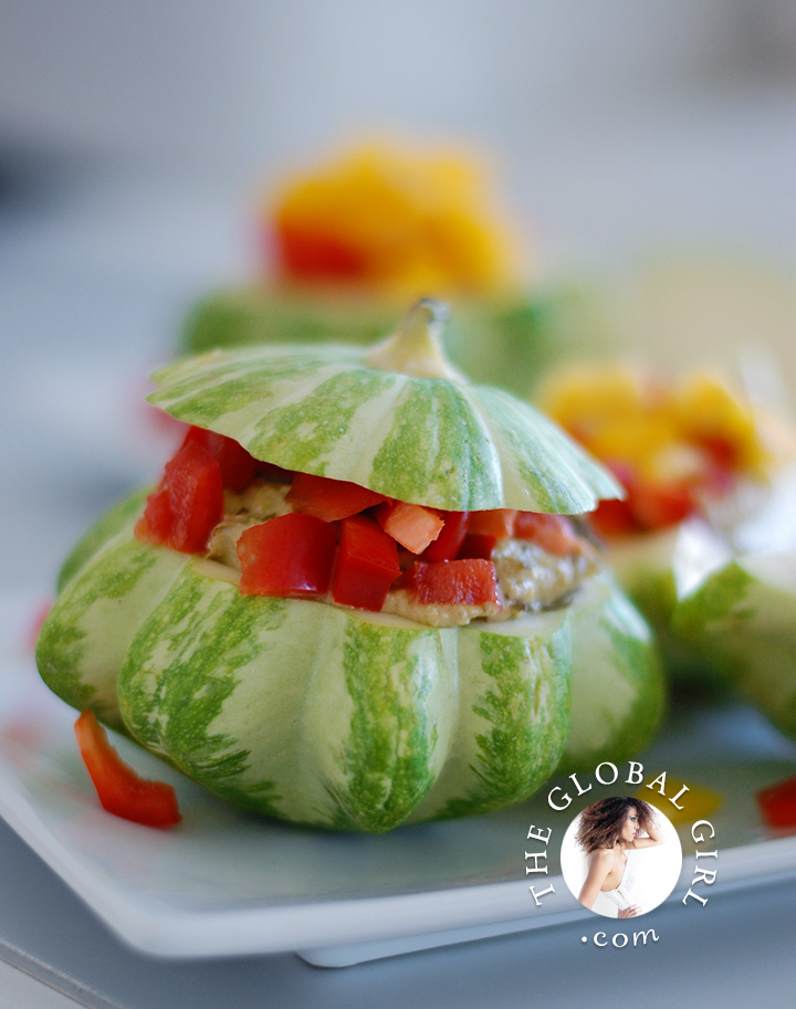 The Global Girl Raw Food Recipes: Raw stuffed baby squash with Italian pine nuts filling. This bite sized appetizer is raw, gluten free, dairy free and oil free.