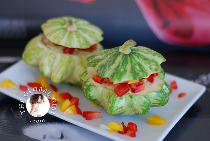 The Global Girl Raw Food Recipes: Raw stuffed baby squash with Italian pine nuts filling. This bite sized appetizer is raw, gluten free, dairy free and oil free.