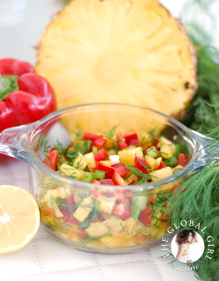 The Global Girl Raw Recipes: Mexican salsa with Pineapple, lime, bell pepper and dill. This delicious raw Mexican recipe is fat free, dairy free, gluten free and bursting with flavor.