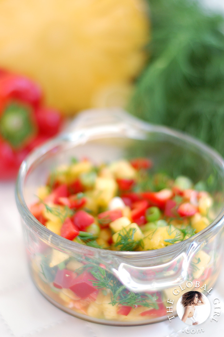 The Global Girl Raw Recipes: Mexican salsa with Pineapple, lime, bell pepper and dill. This delicious raw Mexican recipe is fat free, dairy free, gluten free and bursting with flavor.