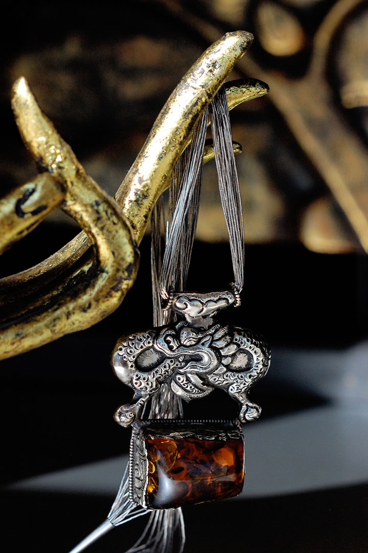 From Ndoema's Closet: Ouroboros ~ Amber and Sterling Silver Antique Dragon Necklace