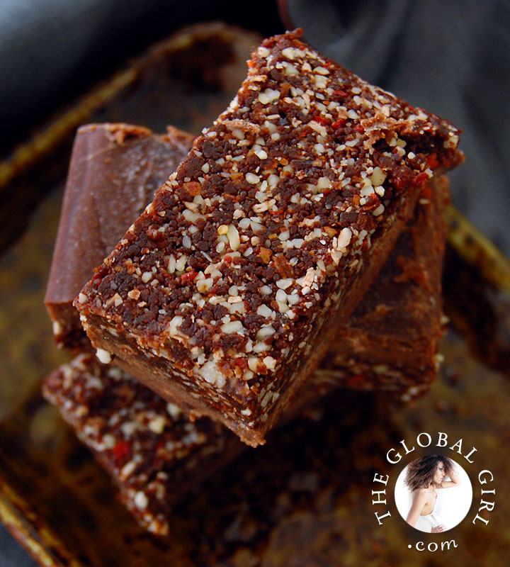 The Global Girl Raw Desserts Recipes: Raw Carob/Chocolate Brownies with Icing. 100% raw, vegan, gluten-free, wheat-free, dairy-free, and with no refined sugar.