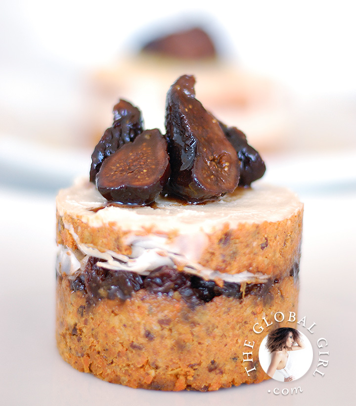 The Global Girl Raw Desserts Recipes: Raw Carrot Cake with Macadamia Lemon Cream and Sun-Poached Figs. 100% raw, vegan, gluten-free, wheat-free, dairy-free, and with no refined sugar.