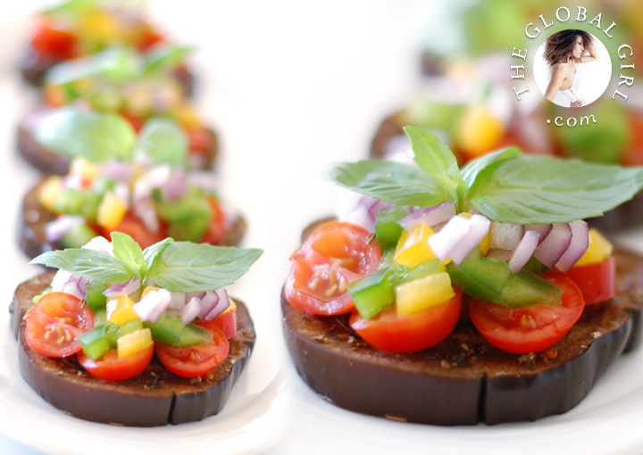 The Global Girl Raw Food Recipes: Eggplant bruschetta with tomato and basil. This healthy no bread Italian appetizer is vegan, gluten free, and dairy free.