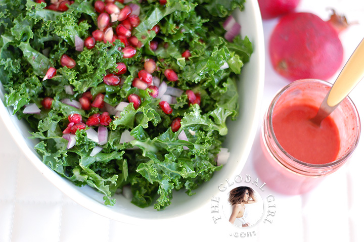 Raw Food Recipe: Raw Kale and Pomegranate Salad with Raspberry Dressing. This deliciously healthy salad is vegan, dairy free and gluten free.