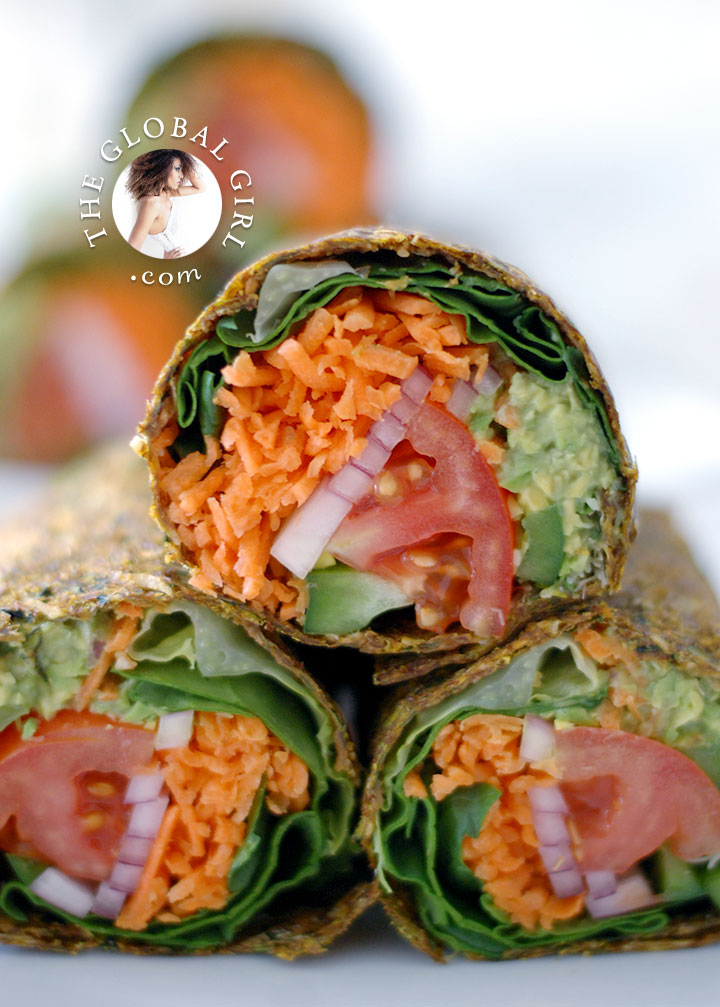 The Global Girl Raw Mexican Recipes: Raw Vegan Guacamole Burrito in Zucchini and Flaxseed Wrap. 100% vegan, gluten-free and dairy free.