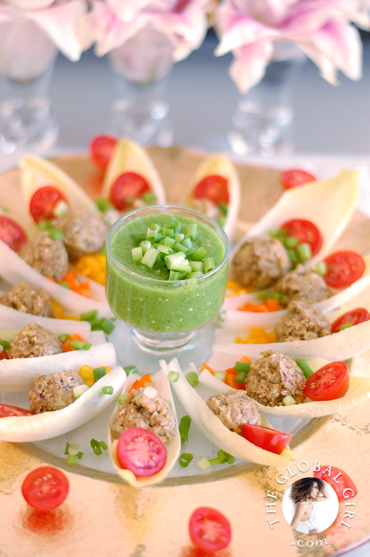 The Global Girl Raw Mexican Recipes: Raw Vegan Walnut Taco Bites in Belgian Endive Boats with Salsa Verde. 100% vegan, gluten-free, oil free and dairy free.