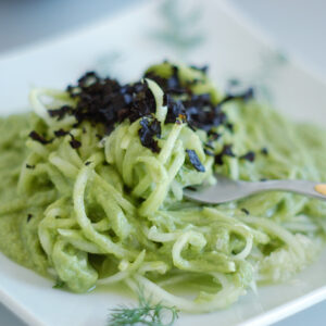 Cucumber Pasta with Creamy Avocado Sauce and Nori Flakes