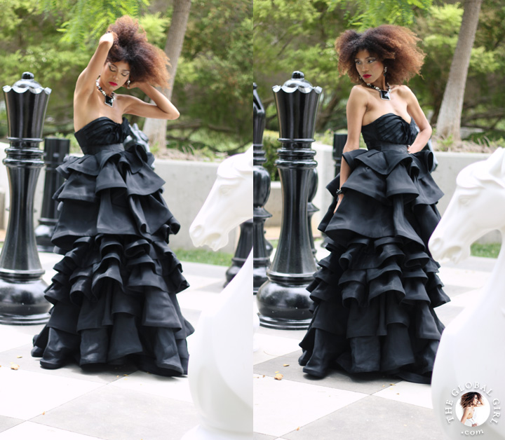 Ndoema sports a black tiered organza strapless gown by African designer Mimi Plange | The Global Girl Fashion Editorials