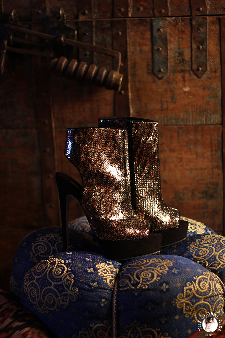 Gold sequin open toe stiletto boots