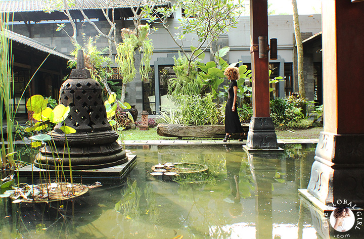 The Global Girl Travels: Ndoema at Hyatt Regency Yogyakarta in Indonesia. A green oasis in the island of Java. Black maxi dress by Tadashi Shoji.