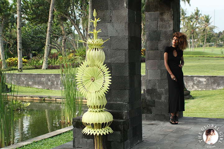 The Global Girl Travels: Ndoema at Hyatt Regency Yogyakarta in Indonesia. A green oasis in the island of Java. Black maxi dress by Tadashi Shoji.