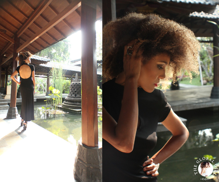 The Global Girl Travels: Ndoema at the Hyatt Regency Yogyakarta in Indonesia. A green oasis in the island of Java. Black backless maxi dress by Tadashi Shoji.