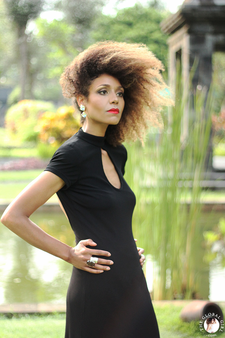 The Global Girl Travels: Ndoema at Hyatt Regency Yogyakarta in Indonesia. A green oasis in the island of Java. Black maxi dress by Tadashi Shoji.