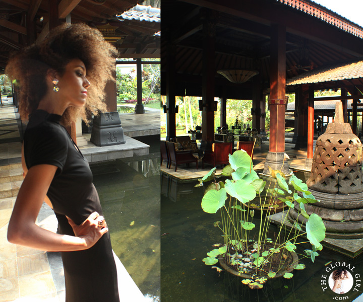 The Global Girl Travels: Ndoema at Hyatt Regency Yogyakarta in Indonesia. A green oasis in the island of Java. Black maxi dress by Tadashi Shoji.