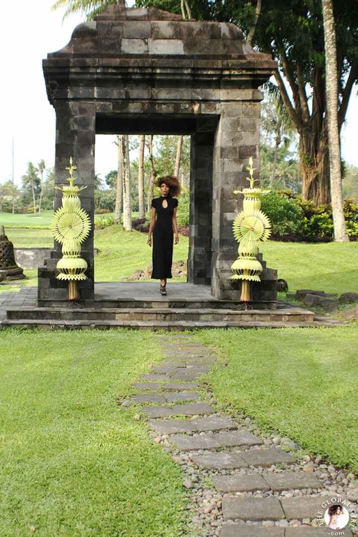 The Global Girl Travels: Ndoema at Hyatt Regency Yogyakarta in Indonesia. A green oasis in the island of Java. Black maxi dress by Tadashi Shoji.