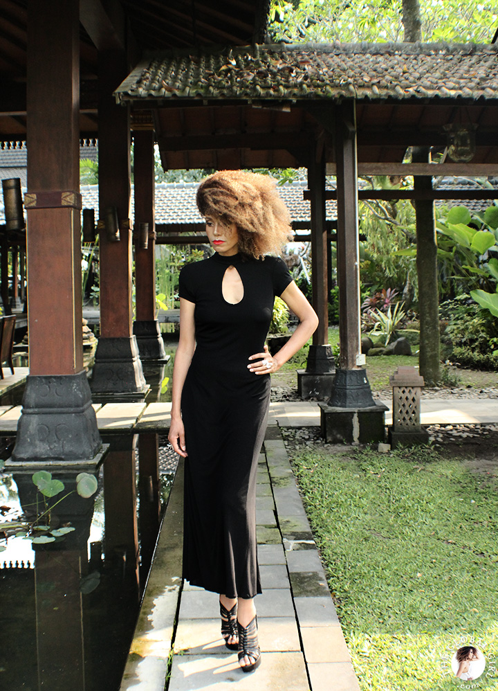 The Global Girl Travels: Ndoema at Hyatt Regency Yogyakarta in Indonesia. A green oasis in the island of Java. Black maxi dress by Tadashi Shoji.