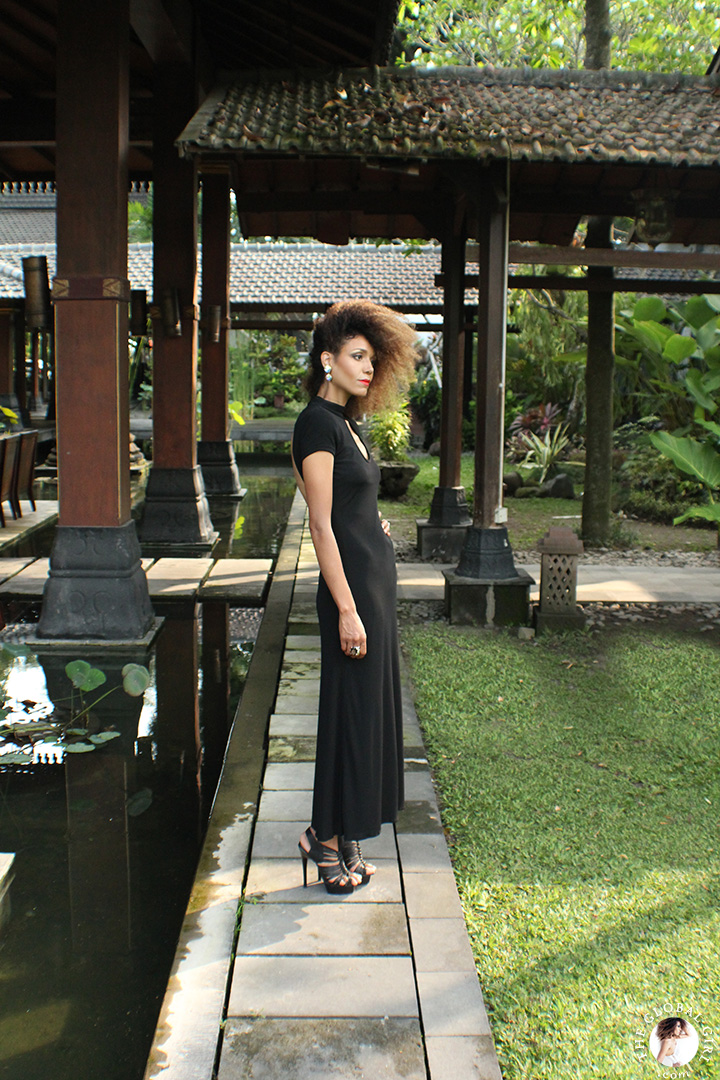 The Global Girl Travels: Ndoema at Hyatt Regency Yogyakarta in Indonesia. A green oasis in the island of Java. Black maxi dress by Tadashi Shoji.