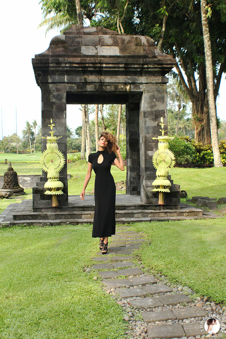 The Global Girl Travels: Ndoema at the Hyatt Regency Yogyakarta in Indonesia. A green oasis in the island of Java. Black maxi dress by Tadashi Shoji.