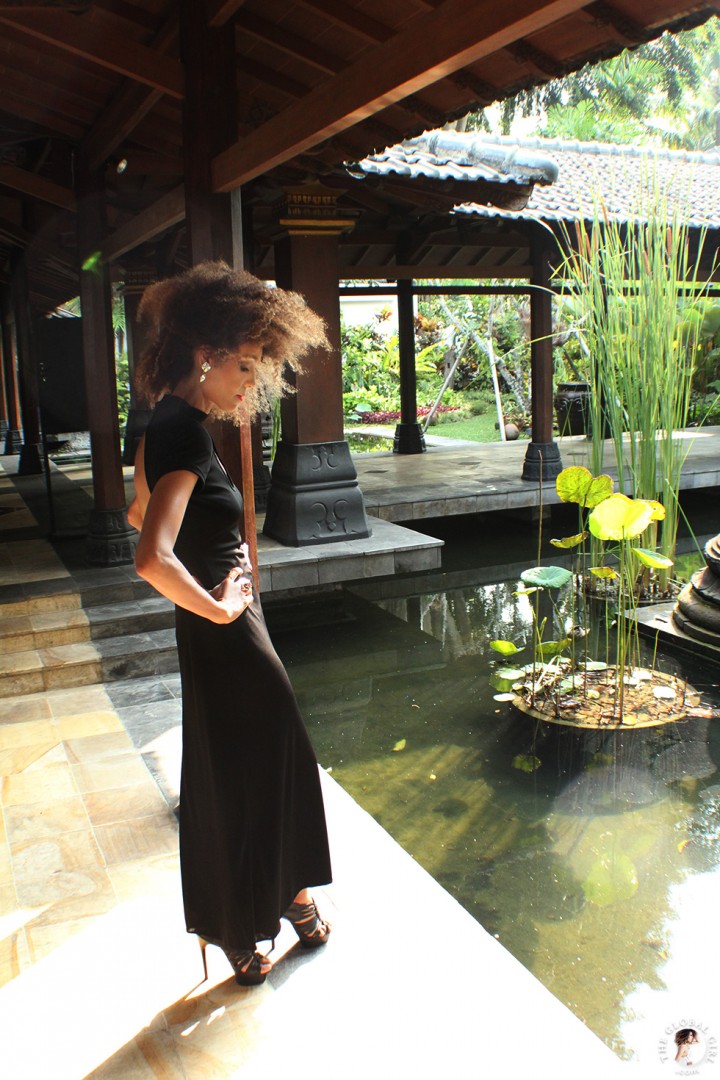 The Global Girl Travels: Ndoema at Hyatt Regency Yogyakarta in Indonesia. A green oasis in the island of Java. Black maxi dress by Tadashi Shoji.