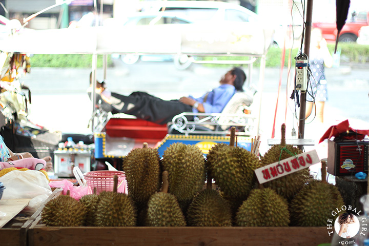 The Global Girl Travels: Fresh durians at Khlong Toey market in Bangkok, Thailand.