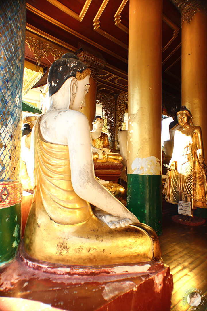 The Global Girl Travels: Gold Buddhas at the Shwedagon Pagoda in Yangon, Myanmar.