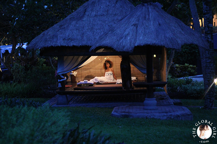 The Global Girl Travels: Ndoema gets a taste of traditional Indonesian deep oil massage at the Hyatt Regengy Yogyakarta's outdoor spa on the island of Jakarta, Indonesia.