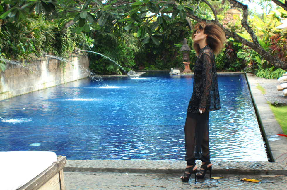 The Global Girl's Daily Style: Ndoema rocks her signature travel look, black sheer top and pants in Canggu Beach, Bali