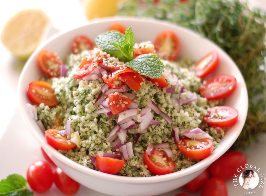 The Global Girl Raw Middle Eastern Recipes: This delicious no-grain tabbouleh is the healthiest way to satisfy your Middle Eastern food cravings. 100% raw, vegan, dairy free, gluten free and low fat.