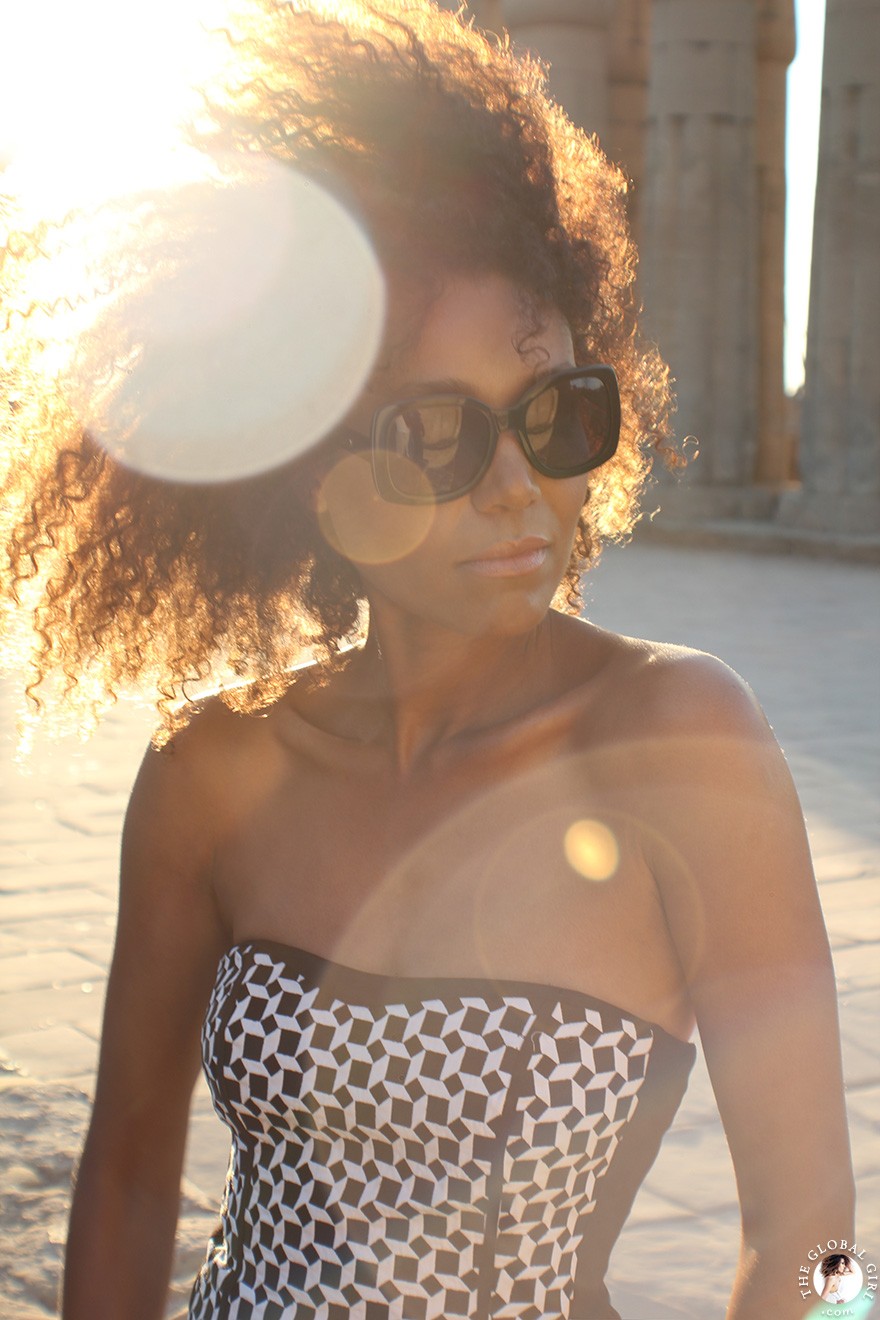 The Global Girl Daily Style: Ndoema sports a bold black and white print bustier at the Luxor Temple, Egypt.