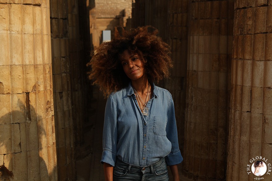 The Global Girl Travels: Ndoema sports an all denim look on a visit to Saqqara, Egypt.