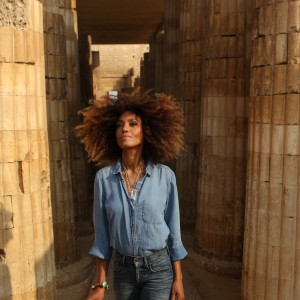 The Global Girl Travels: Ndoema sports an all denim look on a visit to Saqqara, Egypt.