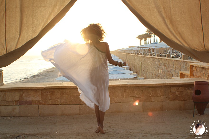 The Global Girl Editorials: Ndoema channels her inner goddess in a one-shoulder pleated dress at The Red Sea Riviera in Marsa Alam, Egypt.